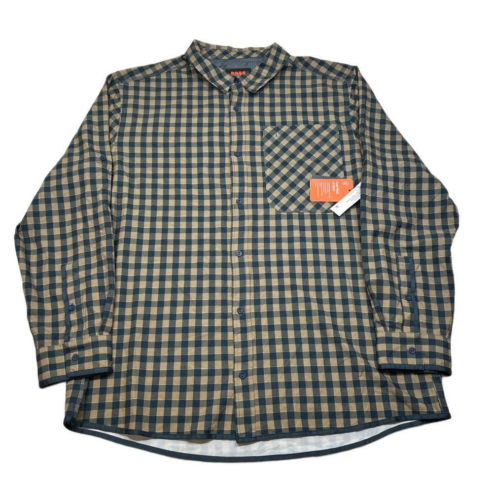 Bass Outdoor Summer Plaid Shirt Mens XL Quick Dry‎ Roll Sleeve Performance NEW